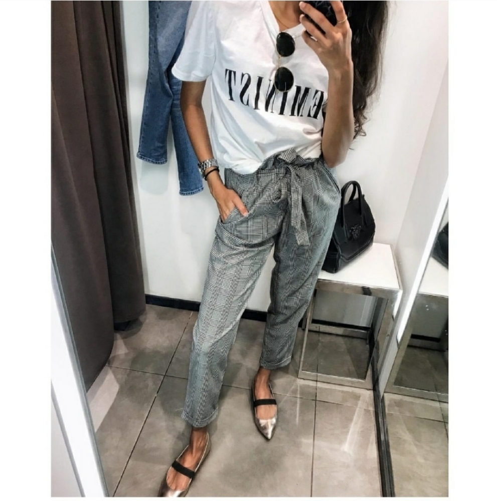 Zara high tie glen plaid ankle cuff trouser pants
